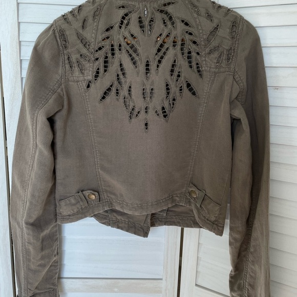 Free People Sz 4 Linen Cotton Eyelet Moto Jacket Olive Green Zip - Picture 5 of 13